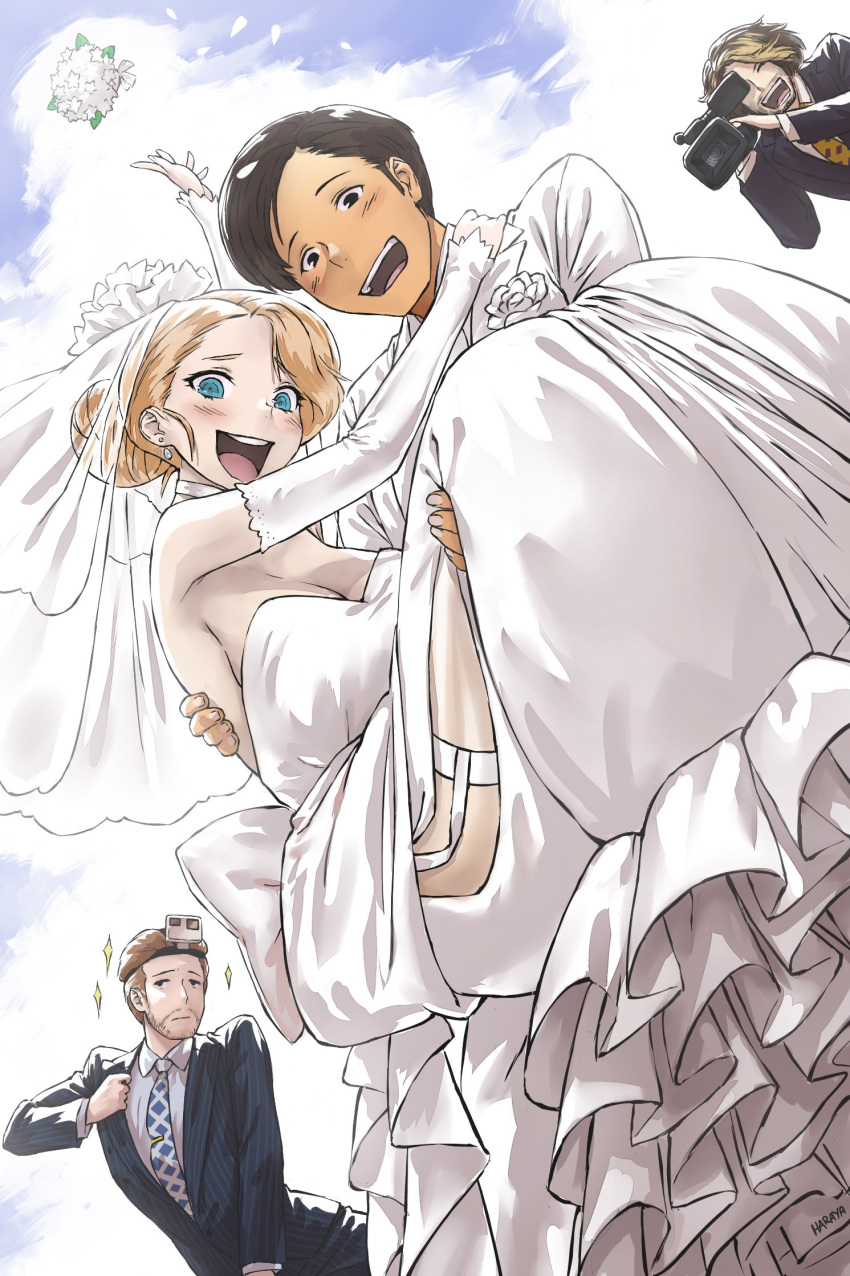 1girl 3boys blush bouquet camera carrying cdawgva dress filming gigguk haraya_manawari highres husband_and_wife jojo_pose multiple_boys pose princess_carry real_life sparkle sydsnap the_anime_man trash_taste tuxedo wedding_dress