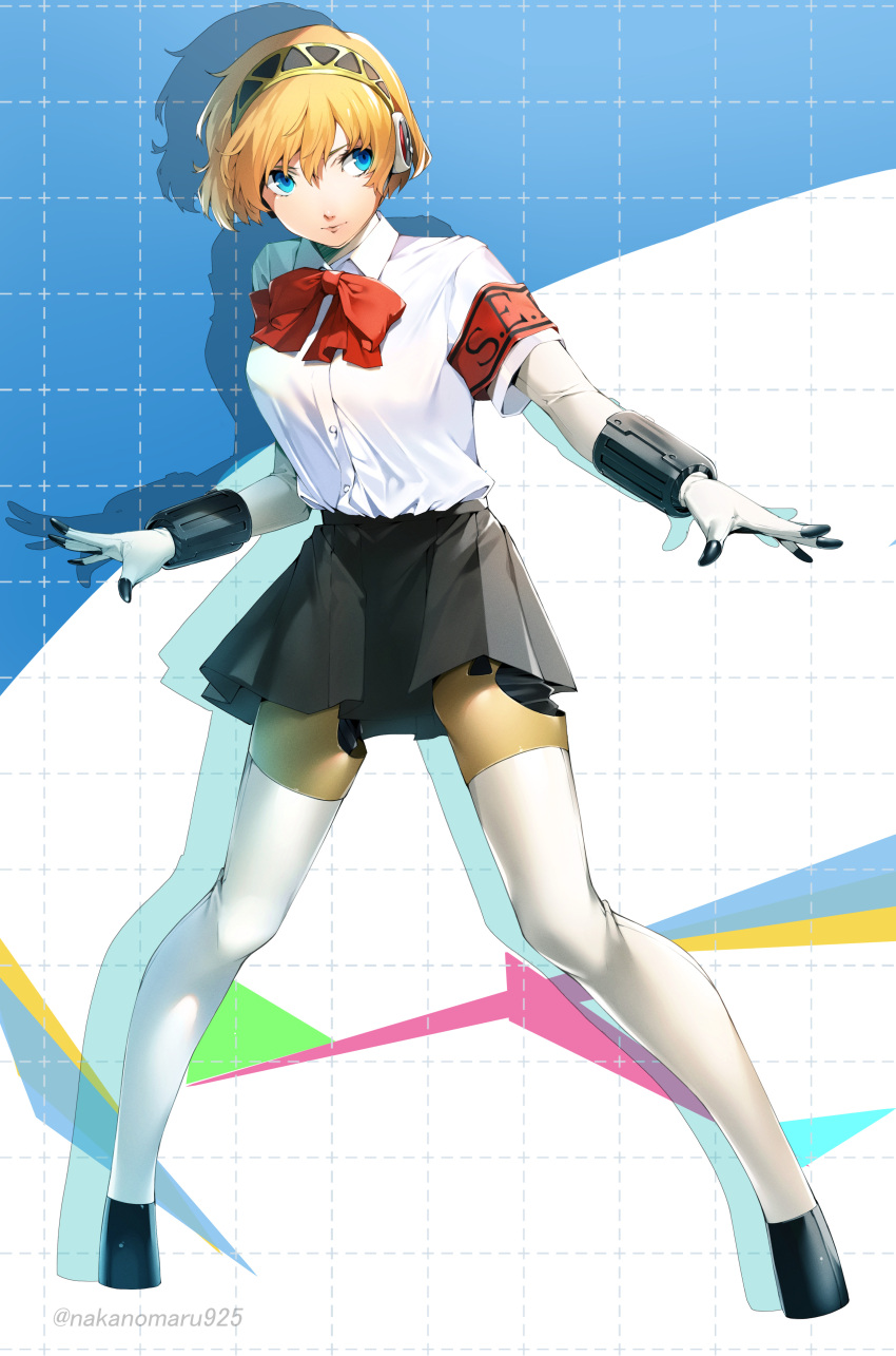 1girl absurdres aegis_(persona) android blonde_hair blue_eyes bow full_body gekkoukan_high_school_uniform hairband headphones highres joints nakano_maru persona persona_3 ribbon robot_joints school_uniform short_hair skirt solo