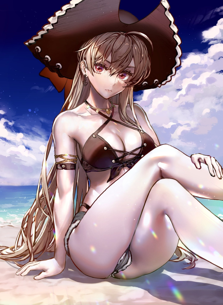 1girl ahoge arm_support armlet aroddst4 ass azur_lane bare_legs bare_shoulders beach bikini black_bikini breasts brown_hair cleavage closed_mouth collarbone criss-cross_halter crossed_legs cutoffs day denim denim_shorts earrings expressionless front-tie_bikini front-tie_top grey_shorts halter_top halterneck hat highleg highleg_bikini highres jean_bart_(azur_lane) jean_bart_(private_apres_midi)_(azur_lane) jewelry knees_up leg_up long_hair looking_at_viewer medium_breasts micro_shorts necklace official_alternate_costume outdoors pirate_hat red_eyes short_shorts shorts sitting solo string_bikini swimsuit thighs v-shaped_eyebrows very_long_hair