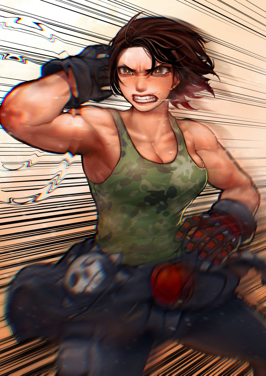 1girl absurdres angry arm_up armpits attack ayaki_d bare_arms bare_shoulders biker_clothes breasts brown_hair camisole camouflage chromatic_aberration cleavage clenched_teeth collarbone floating_hair gloves highres justice_gakuen kazama_akira medium_breasts motion_blur saliva short_hair solo speed_lines street_fighter tearing_up teeth toned v-shaped_eyebrows yellow_eyes