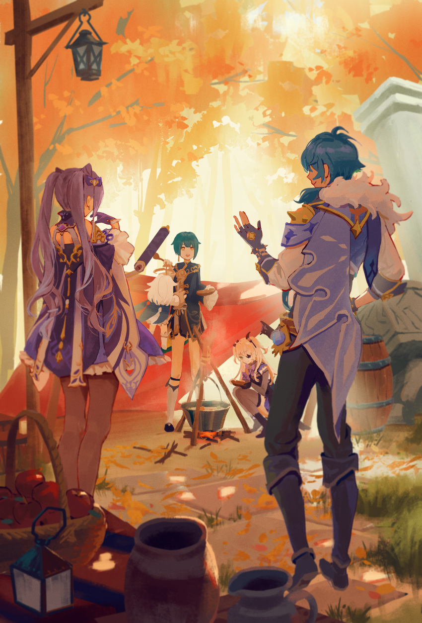 2boys 3girls absurdres apple bangs barrel basket black_legwear blonde_hair blue_hair boots campfire commentary_request cooking day detached_sleeves dress earrings eri96 eyepatch fischl_(genshin_impact) food fruit genshin_impact gloves halo highres jacket jewelry kaeya_(genshin_impact) keqing_(genshin_impact) lantern long_hair multiple_boys multiple_girls outdoors paimon_(genshin_impact) pants pantyhose partially_fingerless_gloves pillar pot purple_eyes scroll shorts single_earring squatting standing steam table tree twintails two_side_up white_hair xingqiu_(genshin_impact)