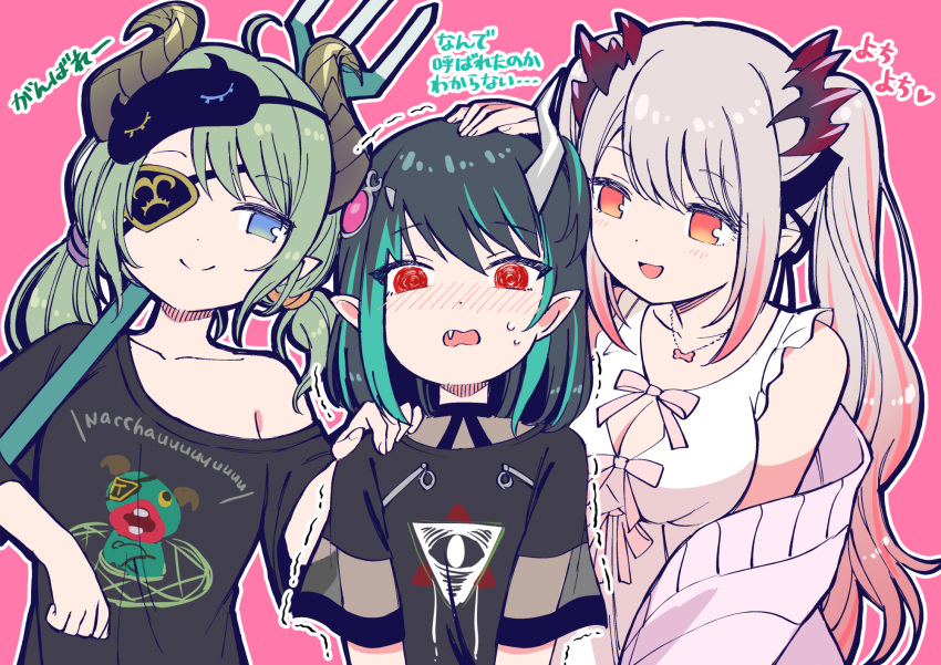 3girls bangs black_dress black_hair black_shirt blue_eyes blue_hair blush bone_necklace bow breasts brown_horns cleavage closed_mouth commentary_request demon_girl demon_horns dress eye_hair_ornament eye_of_providence eyepatch fang flat_chest green_hair grey_hair hand_on_another's_shoulder highres honey_strap horns kamekoya_sato large_breasts looking_at_another mask mask_on_head medium_hair multicolored_hair multiple_girls nose_blush off_shoulder official_alternate_costume one_side_up open_mouth outline pink_background pink_bow pink_hair pointy_ears purple_scrunchie red_eyes scrunchie sekishiro_mico shirt shishio_chris short_twintails simple_background sleep_mask sleeveless sleeveless_dress smile streaked_hair sugar_lyric suou_patra translation_request trembling twintails two-tone_hair upper_body virtual_youtuber white_dress white_outline