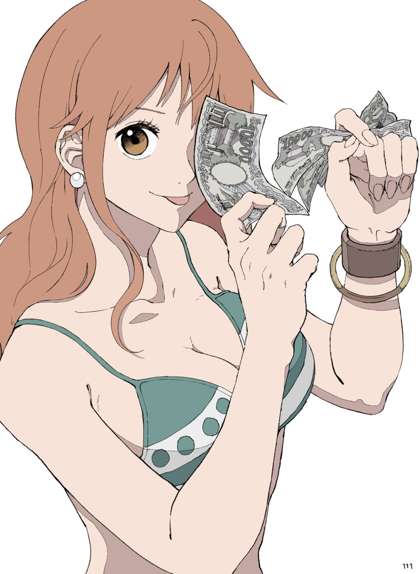 1girl :p bikini bikini_top_only bracelet earrings hands_up highres holding holding_money jewelry long_hair looking_at_viewer money nami_(one_piece) one_piece orange_eyes orange_hair pants smile solo swimsuit tongue tongue_out ufkqz white_background