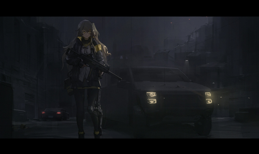 1girl armband bangs black_jacket black_legwear brown_eyes brown_hair building car commentary fingerless_gloves girls'_frontline gloves ground_vehicle gun highres holding holding_gun holding_weapon jacket letterboxed long_hair motor_vehicle night one_side_up open_clothes open_jacket outdoors pantyhose pickup_truck scar scar_across_eye scar_on_face solo submachine_gun truck ump45_(girls'_frontline) weapon xumi