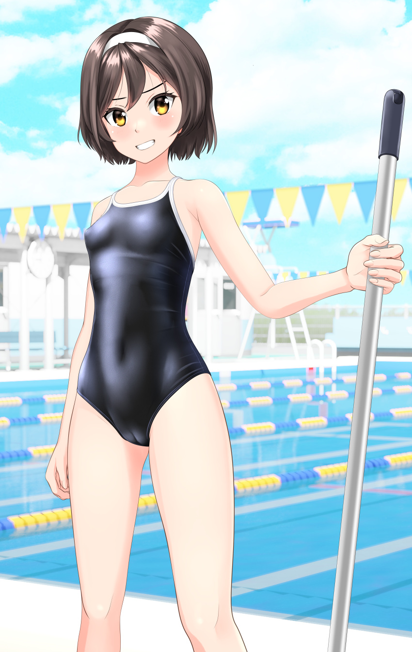 1girl absurdres black_hair black_swimsuit blue_sky cameltoe cloud commentary_request competition_school_swimsuit cowboy_shot day fantia_commission feet_out_of_frame grin hairband highres kantai_collection lane_line looking_at_viewer mop outdoors pool school_swimsuit short_hair sky smile solo string_of_flags swimsuit takafumi tanikaze_(kancolle) white_hairband yellow_eyes