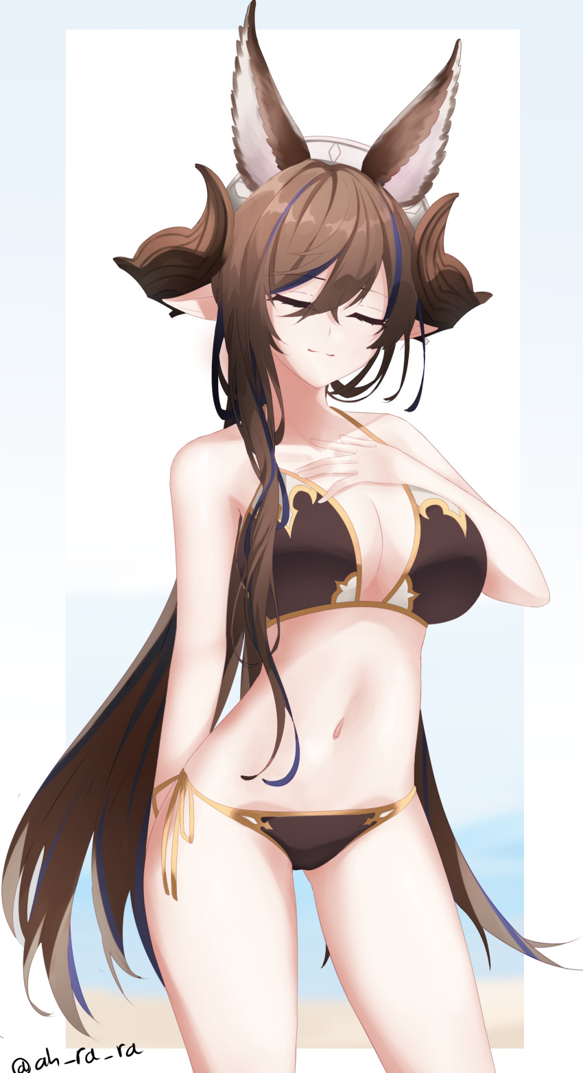 1girl \||/ absurdres ahrara animal_ears arm_behind_back artist_name bare_arms bare_shoulders bikini blue_hair border brown_hair closed_eyes closed_mouth collarbone commentary_request contrapposto cowboy_shot extra_ears eyebrows_visible_through_hair galleon_(granblue_fantasy) gold_trim granblue_fantasy hair_between_eyes hair_ornament hair_over_shoulder hand_on_own_chest highres horns legs_apart long_hair multicolored_hair nave outdoors pointy_ears side-tie_bikini solo split_mouth standing swimsuit two-tone_hair white_border