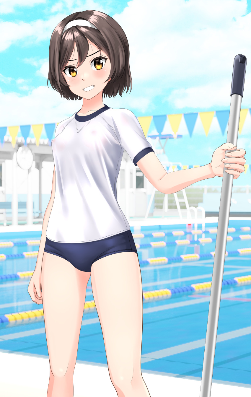 1girl absurdres black_buruma black_hair blue_sky buruma cloud commentary_request cowboy_shot day fantia_commission feet_out_of_frame grin gym_shirt gym_uniform hairband highres kantai_collection lane_line looking_at_viewer mop outdoors pool shirt short_hair sky smile solo string_of_flags t-shirt takafumi tanikaze_(kancolle) white_hairband white_shirt yellow_eyes