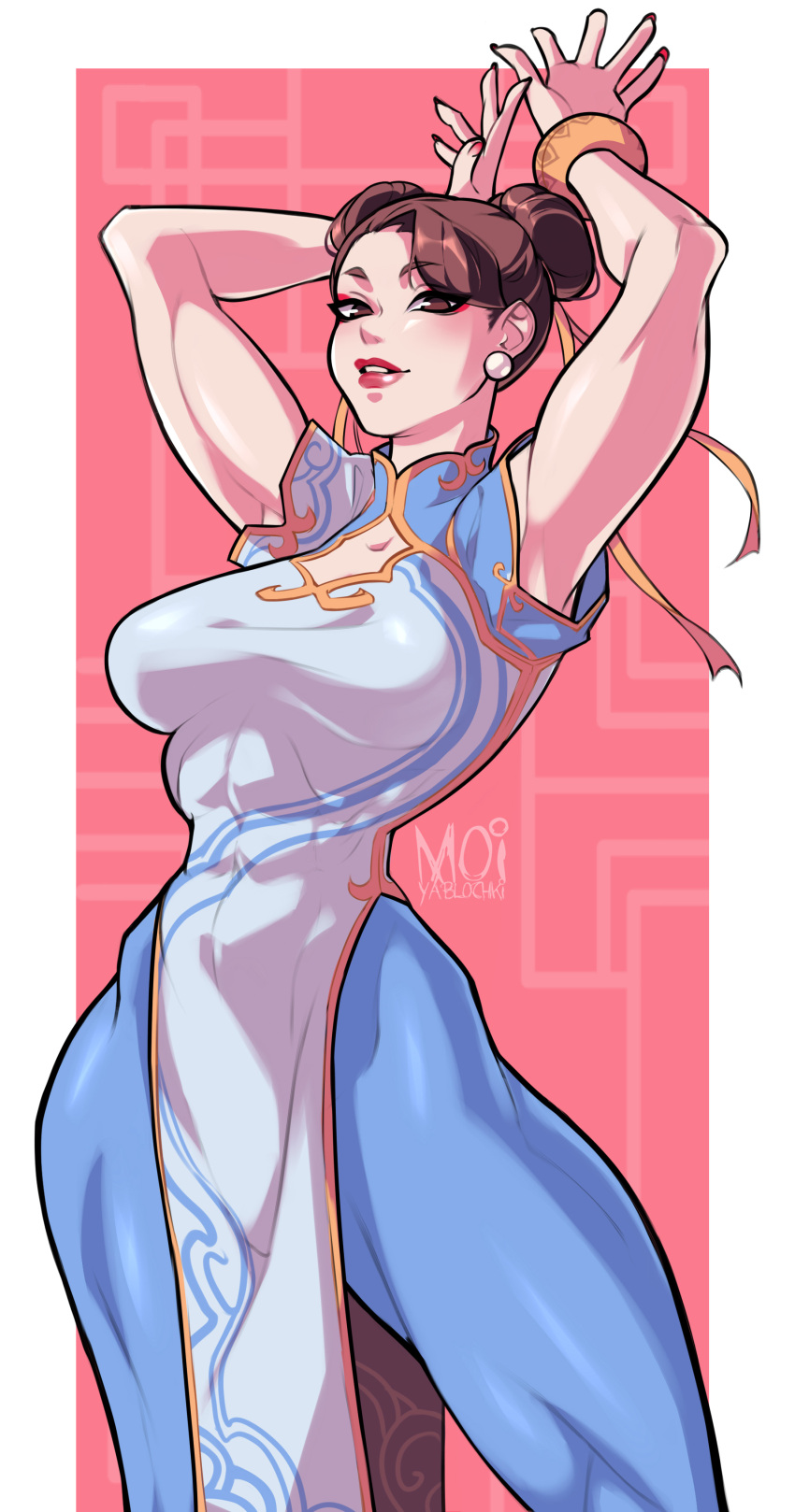 1girl abs absurdres arms_behind_head arms_up artist_name bracelet china_dress chinese_clothes chun-li double_bun dress earrings eyeliner hair_bun highres jewelry lips lipstick makeup moi_yablochki muscular muscular_female ribbon skin_tight standing street_fighter street_fighter_6 thick_thighs thighs