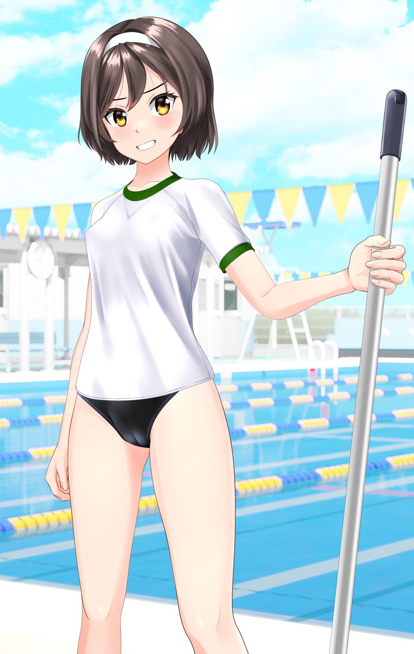 1girl absurdres black_hair black_swimsuit blue_sky cameltoe cloud commentary_request competition_school_swimsuit cowboy_shot day fantia_commission feet_out_of_frame grin gym_shirt hairband highres kantai_collection lane_line looking_at_viewer mop outdoors pool school_swimsuit shirt short_hair sky smile solo string_of_flags swimsuit swimsuit_under_clothes t-shirt takafumi tanikaze_(kancolle) white_hairband yellow_eyes