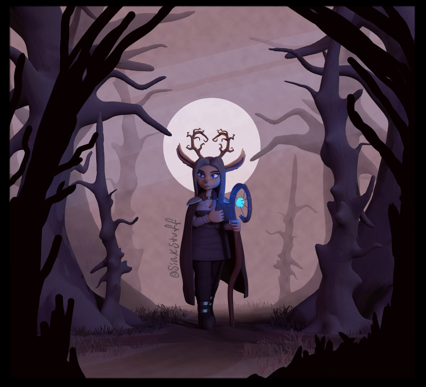 3d_(artwork) absurd_res anthro antlers blue_eyes brown_body brown_fur brown_hair clothed clothing dead_tree digital_media_(artwork) female fog forest full_moon fully_clothed fur hair hand_on_clothing hi_res holding_object holding_staff horn huge_filesize hybrid long_ears magic_staff moon plant siakstuff solo staff tree unknown_species walking