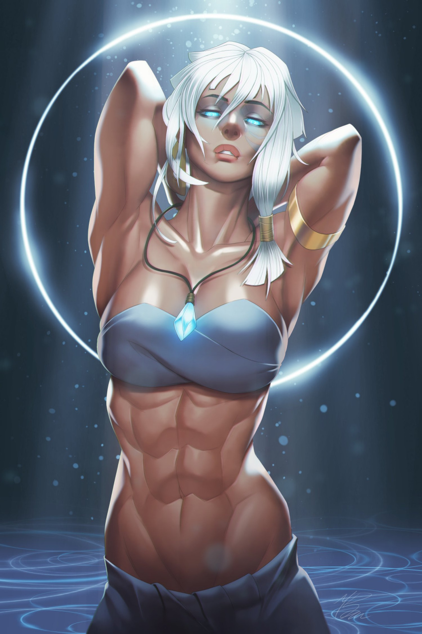 1girl abs anklet arm_behind_head armlet atlantis:_the_lost_empire blue_eyes breasts crop_top dark_skin earrings facial_tattoo glowing glowing_eyes hair_ornament highres jewelry kidagakash large_breasts loincloth long_hair minh_pham muscular muscular_female necklace solo tattoo white_hair