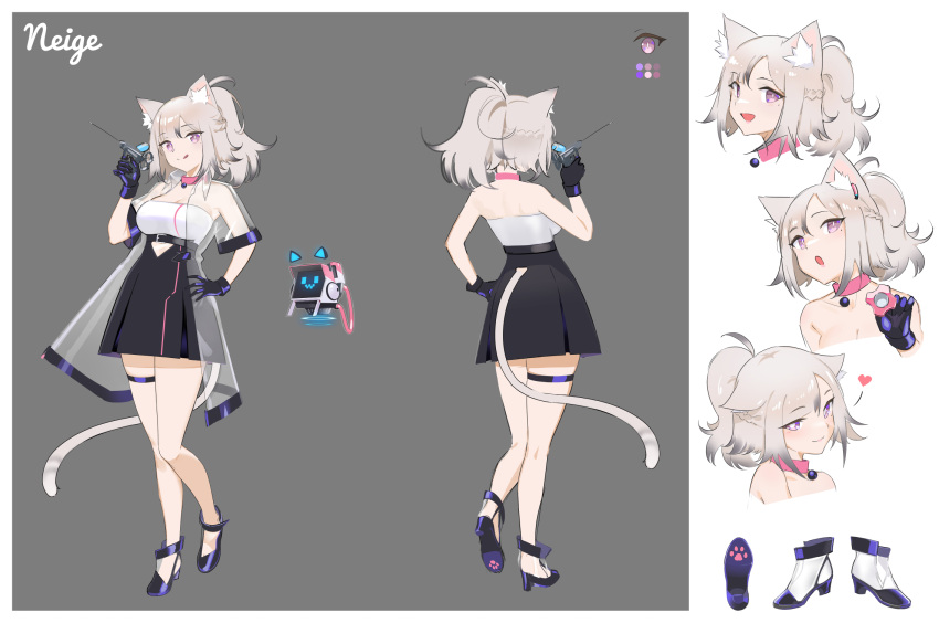 1girl :d animal_ears bare_shoulders black_skirt braid breasts cat_ears cat_tail character_name character_sheet choker cleavage closed_mouth color_guide commission concept_art contrapposto grey_hair hand_on_hip heart high_heels highres holding large_breasts looking_at_viewer medium_hair milim_nova miniskirt mole mole_under_eye multiple_views open_mouth original pink_choker pink_eyes ponytail purple_footwear shoes skirt smile spoken_heart syringe tail thigh_strap