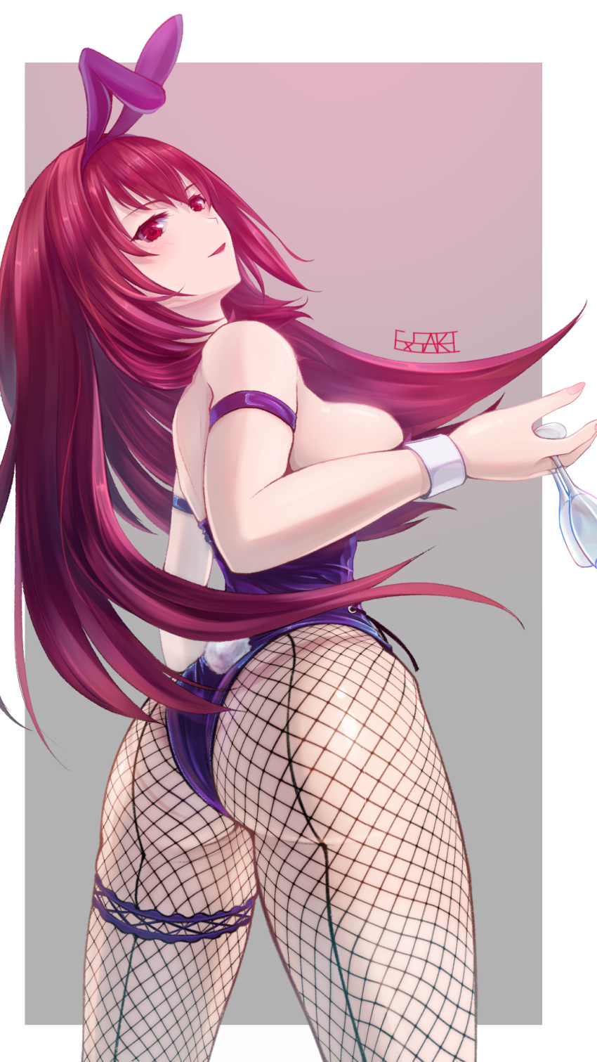 1girl animal_ears ass back-seamed_legwear commentary_request cup drinking_glass ex_saki fake_animal_ears fake_tail fate/grand_order fate_(series) fishnet_legwear fishnets hairband highleg highleg_leotard highres holding holding_cup leotard long_hair looking_at_viewer looking_back pantyhose playboy_bunny purple_hairband purple_leotard rabbit_ears rabbit_tail red_eyes red_hair scathach_(fate) scathach_(piercing_bunny)_(fate) seamed_legwear solo strapless strapless_leotard tail thighs very_long_hair wine_glass wrist_cuffs