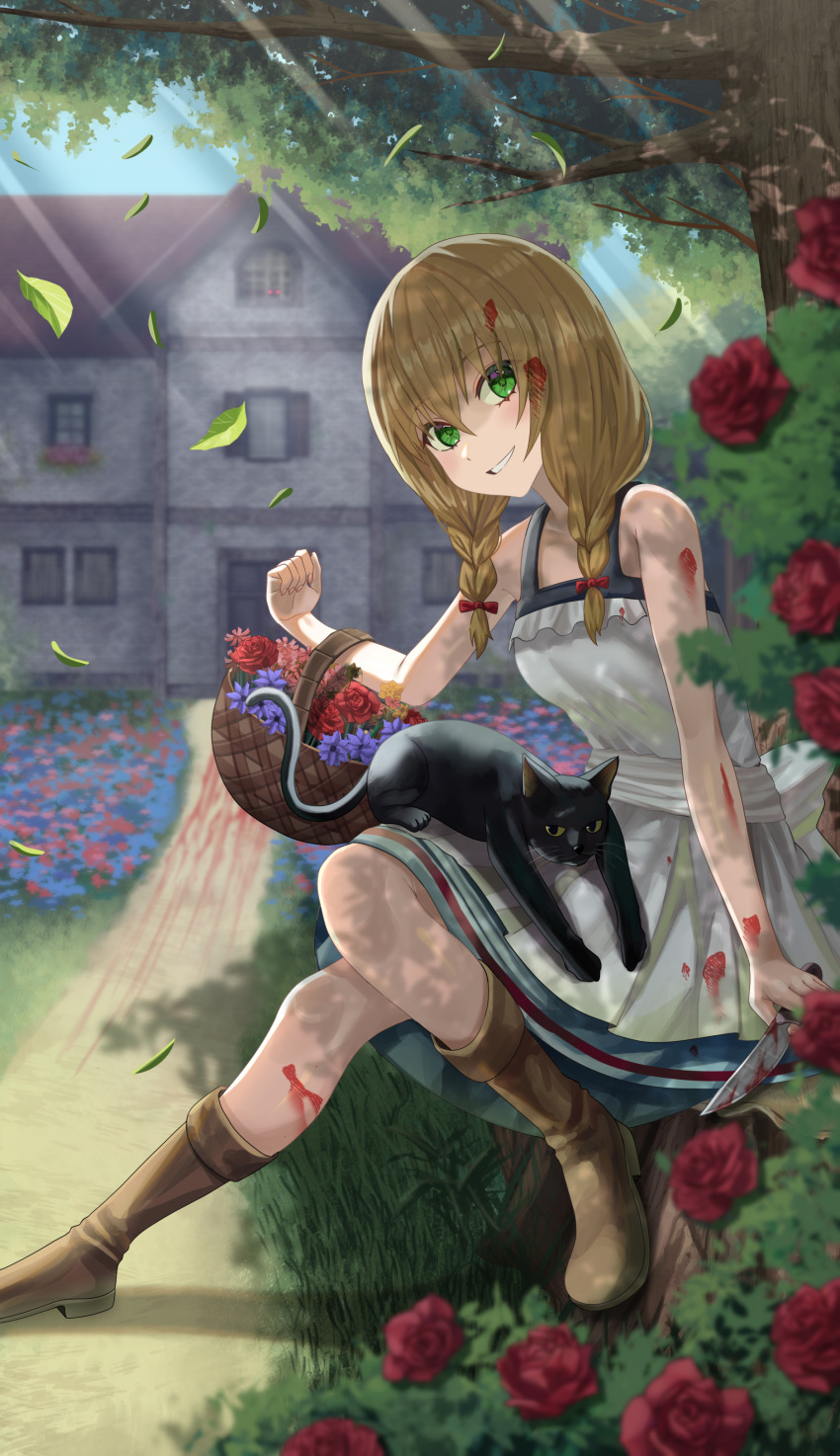 1girl absurdres animal animal_on_lap basket black_cat blonde_hair blood blood_on_clothes blood_trail boots braid brown_hair cat commentary dress falling_leaves flower flower_basket full_body garden green_eyes grin highres holding holding_basket holding_knife house knife leaf long_hair looking_at_viewer majo_no_ie on_lap outdoors red_flower red_rose rose rose_bush short_dress silvertsuki sitting sleeveless sleeveless_dress smile tree twin_braids viola_(majo_no_ie)