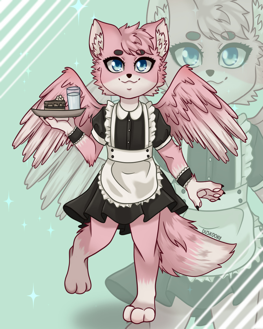 absurd_res ambiguous_gender anthro blue_eyes cake_slice canid canine character_in_background clothing cute_expression duskooky fluffy fluffy_tail fluffy_wings fox fur hi_res hybrid lostfox maid_apron maid_uniform mammal pawpads plate smile solo spread_wings uniform wings