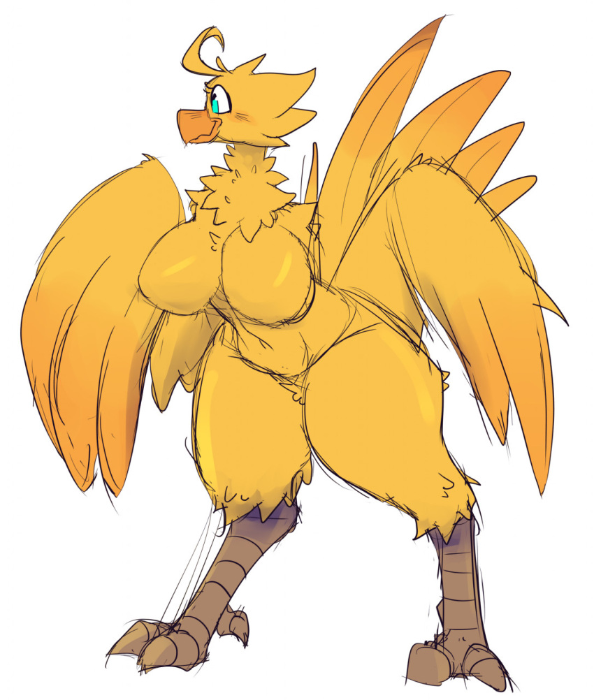 anthro avian beak big_breasts bird bird_feet breasts chocobo curvy_figure feathers featureless_breasts female final_fantasy green_eyes guide_lines hi_res looking_aside simple_background sketch smile snappygrey solo square_enix tail_feathers thick_thighs video_games voluptuous white_background wide_hips winged_arms wings yellow_body yellow_feathers