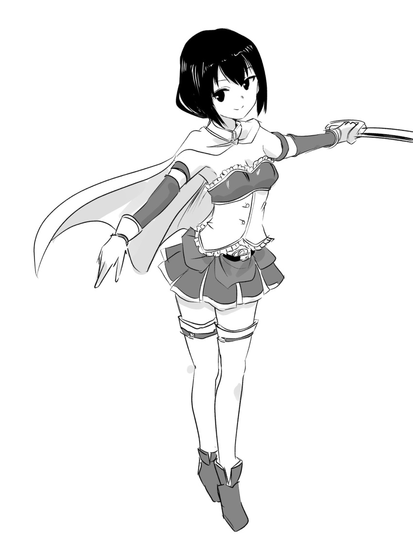 1girl ankle_boots bangs boots breasts cape cleavage closed_mouth commentary_request cosplay detached_sleeves frills full_body gloves greyscale highres holding holding_sword holding_weapon long_sleeves looking_at_viewer magical_girl mahou_shoujo_madoka_magica miki_sayaka miki_sayaka_(cosplay) miniskirt monochrome motomiki official_alternate_hair_length official_alternate_hairstyle pleated_skirt short_hair simple_background sketch skirt small_breasts smile solo split_mouth standing strapless sword tamura_yuri thighhighs watashi_ga_motenai_no_wa_dou_kangaetemo_omaera_ga_warui! weapon white_background