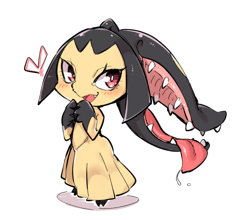&lt;3 ambiguous_gender anthro black_hair blush bodily_fluids clothing hair hair_mouth hands_together mawile nintendo open_mouth pok&eacute;mon pok&eacute;mon_(species) red_eyes saliva simple_background solo teeth tongue tongue_out video_games white_background yellow_body youki029