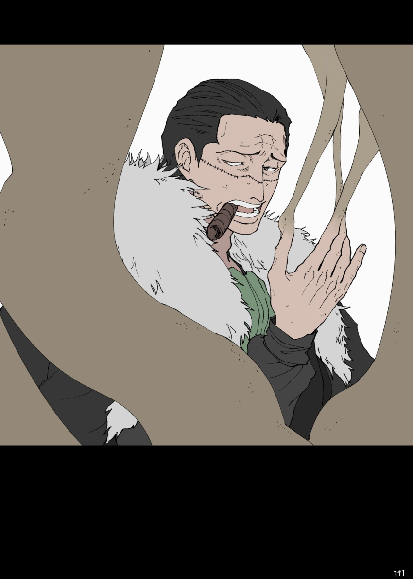 1boy ascot black_hair coat crocodile_(one_piece) fur-trimmed_coat fur_trim hair_slicked_back hand_up highres male_focus one_piece sand scar scar_on_face smoking solo ufkqz