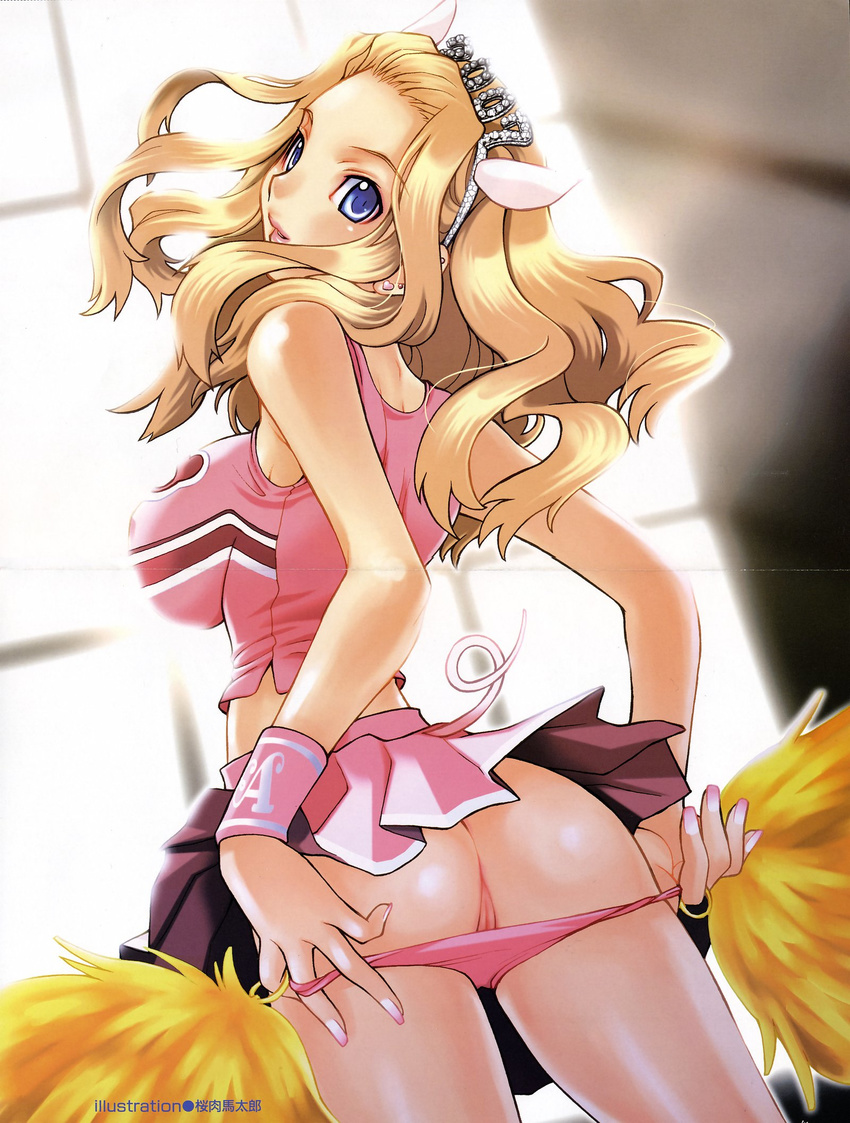 2007 animal_ears ass blonde_hair blue_eyes breasts cheerleader copyright_request crease highres impossible_clothes impossible_shirt large_breasts panties panty_pull pig_ears pig_tail pom_poms pussy sakuraniku_umatarou shirt solo tail underwear