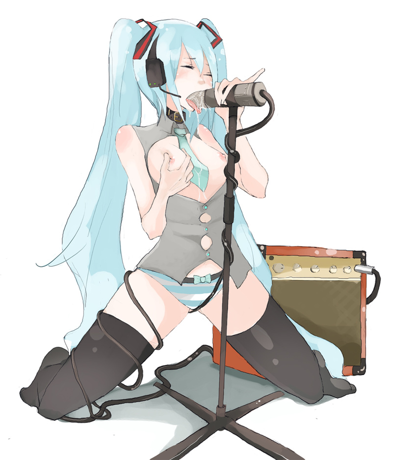 amplifier blue_hair breast_grab breasts closed_eyes collar fellatio grabbing hatsune_miku highres licking long_hair microphone microphone_stand necktie nipples open_clothes open_shirt oral panties saliva sexually_suggestive shirt small_breasts solo striped striped_panties tansuke thighhighs tongue twintails underwear vocaloid