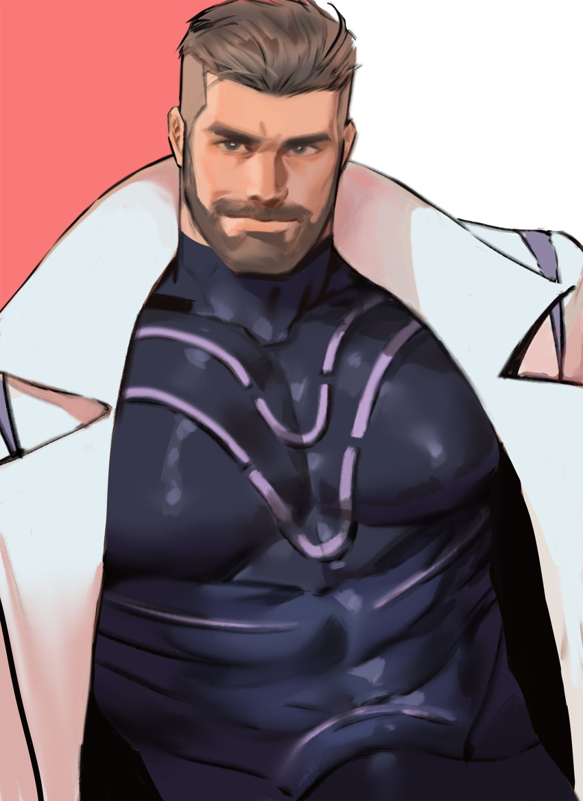 1boy bara beard black_bodysuit bodysuit closed_mouth facial_hair highres jang_ju_hyeon labcoat large_pectorals looking_at_viewer male_focus multicolored_bodysuit multicolored_clothes muscular muscular_male open_clothes open_labcoat pectorals pink_bodysuit pokemon pokemon_(game) pokemon_sv purple_bodysuit short_hair solo turo_(pokemon) undercut upper_body