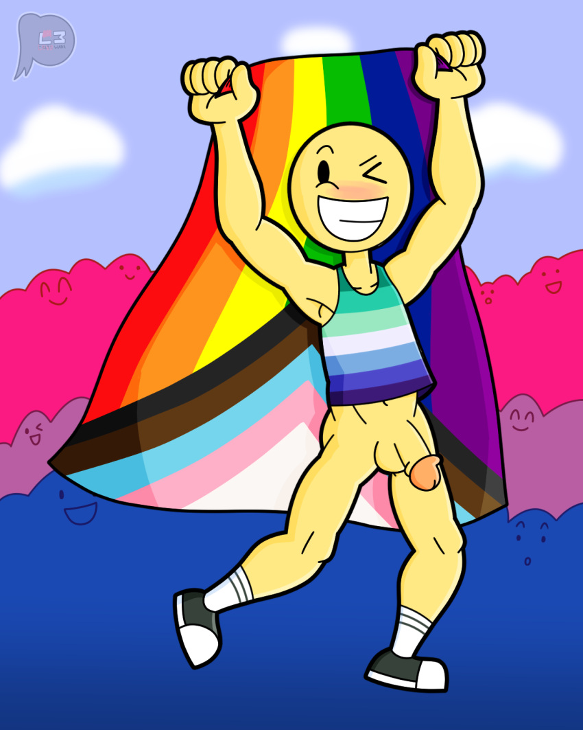 2022 balls blush bottomless clothed clothing cloud crowd digital_drawing_(artwork) digital_media_(artwork) flag flag_(object) footwear genitals group hi_res holding_flag holding_object human lewdware lgbt_history_month lgbt_pride male mammal one_eye_closed pantsless penis pride_color_clothing pride_color_shirt pride_color_topwear pride_colors public public_nudity rainbow_flag rainbow_pride_flag rainbow_symbol shirt shoes signature smile solo topwear wink yellow_body