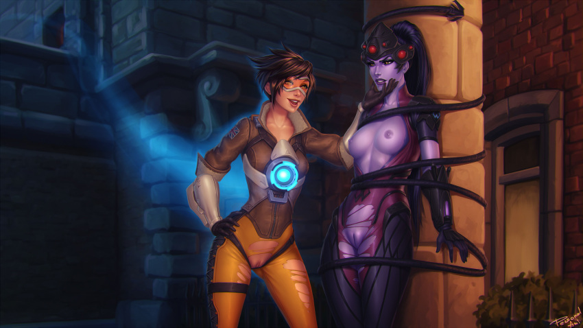 2girls :d artist_name bomber_jacket bound breasts brown_hair chest_harness collarbone colored_skin cross-laced_clothes cross-laced_legwear goggles hand_on_another's_face harness highres jacket medium_breasts multiple_girls open_mouth orange_goggles overwatch personal_ami ponytail purple_hair purple_skin pussy short_hair signature smile torn_clothes tracer_(overwatch) uncensored union_jack widowmaker_(overwatch) yuri