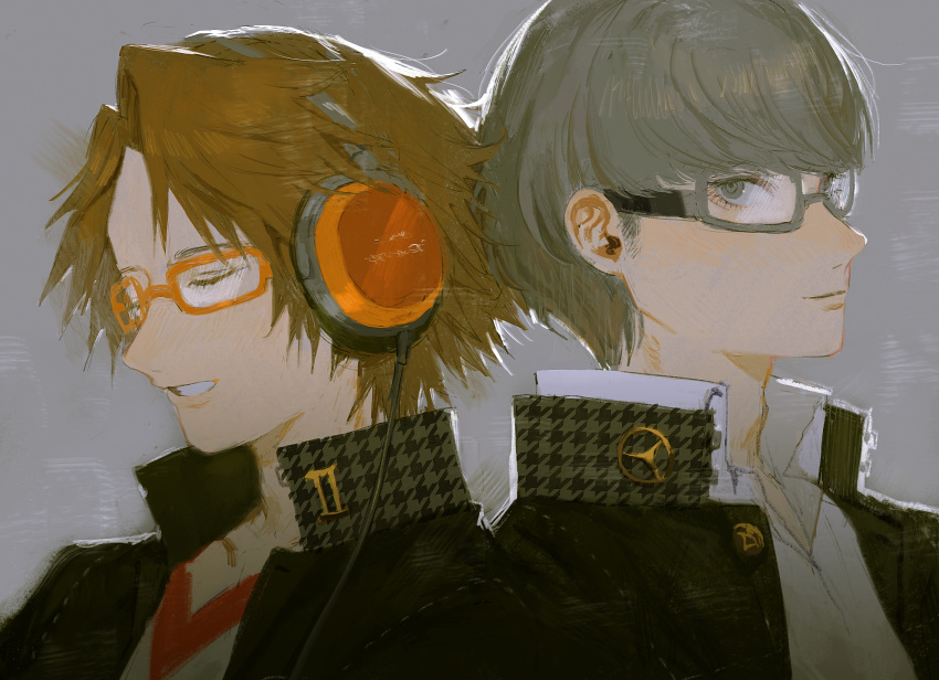 2boys bangs black_jacket brown_hair closed_eyes closed_mouth glasses grey-framed_eyewear grey_background grey_hair hanamura_yousuke headphones highres jacket male_focus multiple_boys narukami_yuu orange-tinted_eyewear parted_lips persona persona_4 school_uniform shirt simple_background tinted_eyewear upper_body white_shirt yasogami_school_uniform yatatashira