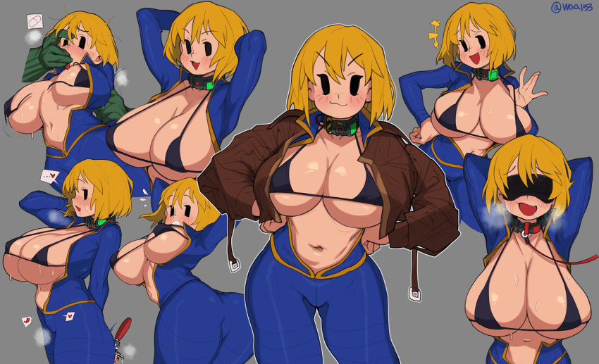 1girl arm_grab arms_behind_head bikini black_bikini blindfold blonde_hair blue_jumpsuit blush bob_cut bodysuit breasts breasts_out brown_jacket cleavage collar fallout_(series) finger_in_another's_mouth highres huge_breasts jacket jumpsuit large_breasts leash looking_at_viewer navel open_clothes open_mouth short_hair smile steaming_body swimsuit vault_girl vault_suit waa153