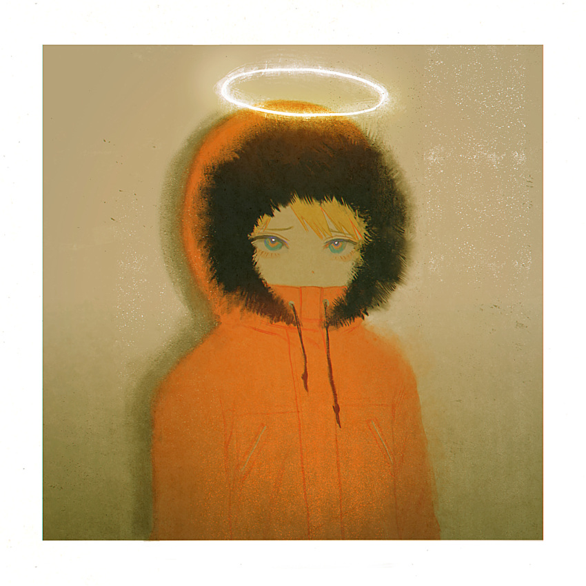 1boy absurdres bangs blonde_hair border eyelashes fur-trimmed_jacket fur_trim highres hood hood_up jacket kenny_mccormick male_focus multicolored_eyes orange_jacket simple_background solo south_park upper_body white_border yatatashira