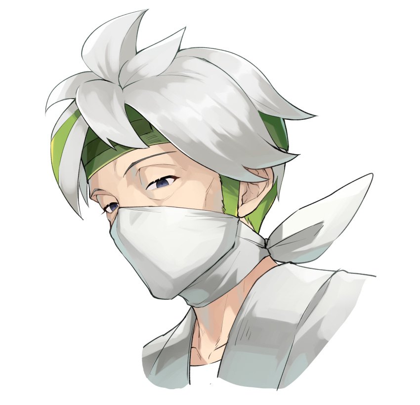 1boy absurdres bangs beni_(pokemon) commentary_request green_hair green_headband grey_eyes half-closed_eyes headband highres hinatchi looking_down male_focus mask mouth_mask pokemon pokemon_(game) pokemon_legends:_arceus short_hair solo upper_body white_background white_hair