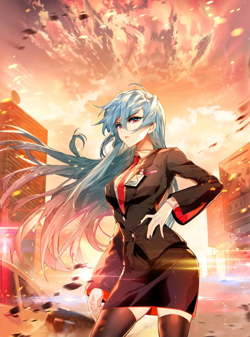1girl black_nails building car cloud collar cover cover_page douluo_dalu frown glint ground_vehicle hei_zhi_shi highres long_hair long_sleeves motor_vehicle multicolored_hair necktie office_lady official_art rubble solo thighhighs third-party_source upper_body wang_qiu_er_(douluo_dalu)