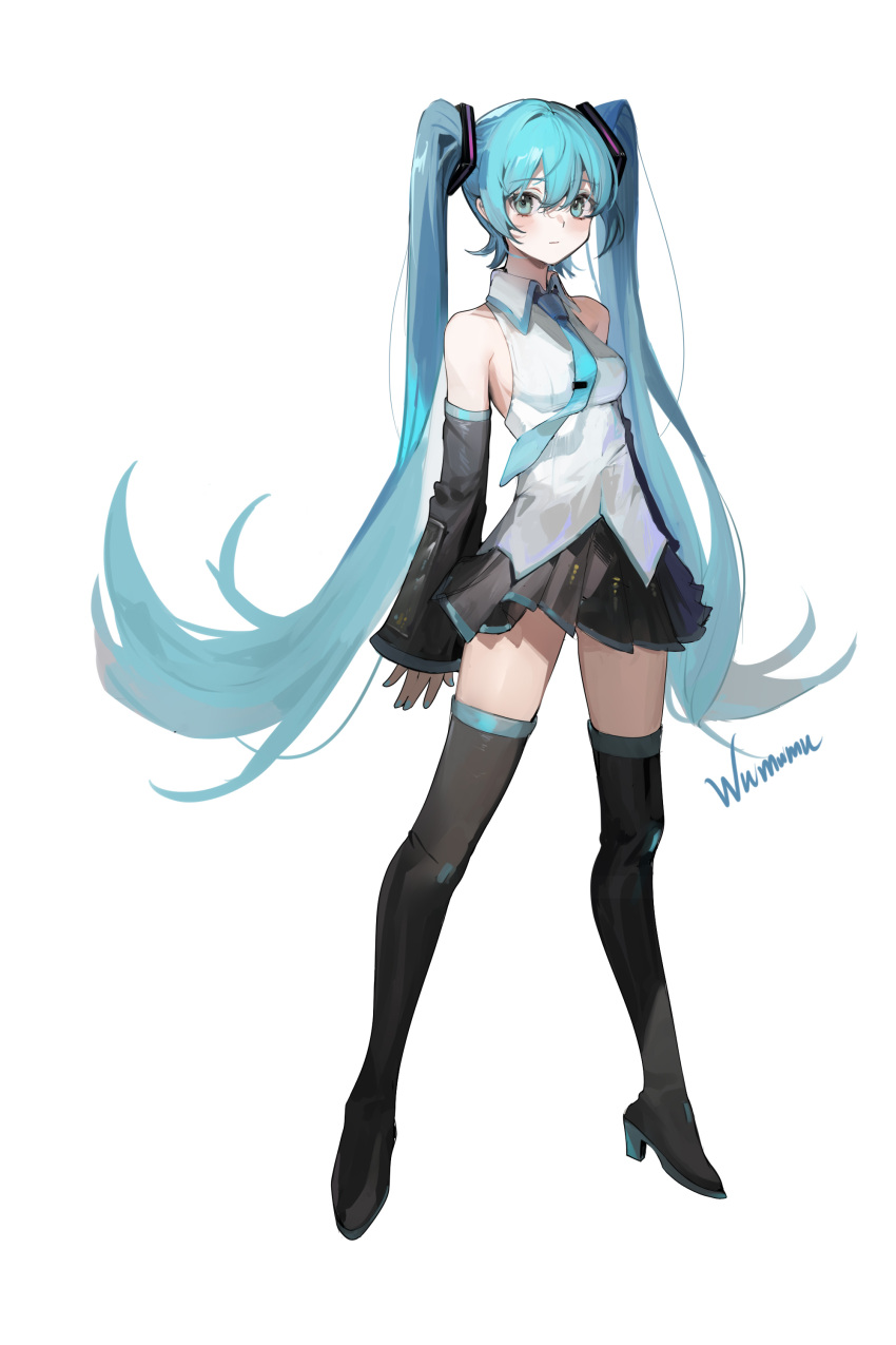 1girl absurdres aqua_eyes aqua_hair artist_name bangs bare_shoulders black_footwear black_legwear black_skirt black_sleeves blue_eyes blue_hair blue_necktie blush boots breasts closed_mouth commentary detached_sleeves full_body hair_between_eyes hair_ornament hatsune_miku highres long_hair looking_at_viewer necktie shirt simple_background skirt sleeveless sleeveless_shirt solo standing thigh_boots thighhighs twintails very_long_hair vocaloid white_background white_shirt wumumu zettai_ryouiki