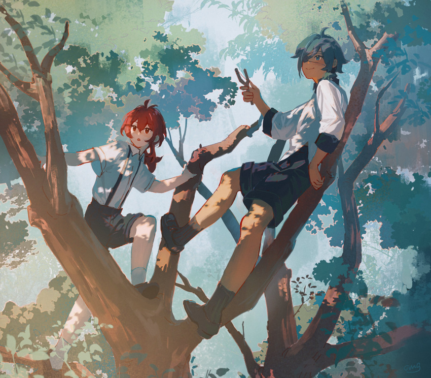 2boys :o absurdres bangs black_footwear black_legwear black_shorts blue_eyes blue_hair child climbing commentary_request dark-skinned_male dark_skin day diluc_(genshin_impact) eri96 eyepatch genshin_impact hair_between_eyes highres holding in_tree kaeya_(genshin_impact) long_hair male_focus multiple_boys outdoors parted_lips ponytail red_eyes red_hair shirt shorts slingshot smile socks suspender_shorts suspenders tree white_legwear white_shirt younger