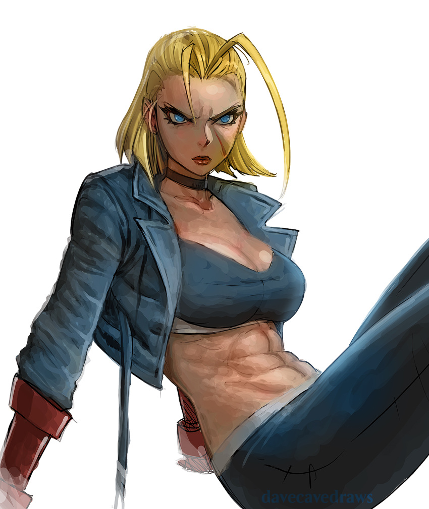 1girl abs antenna_hair black_choker black_pants black_sports_bra blonde_hair blue_eyes bob_cut breasts cammy_white choker cleavage cropped_jacket davecavedraws english_commentary highres jacket leather leather_jacket medium_breasts midriff navel oekaki pants scar scar_on_cheek scar_on_face short_hair sitting solo sports_bra street_fighter street_fighter_6 suspenders_hanging tsurime vambraces white_background yoga_pants