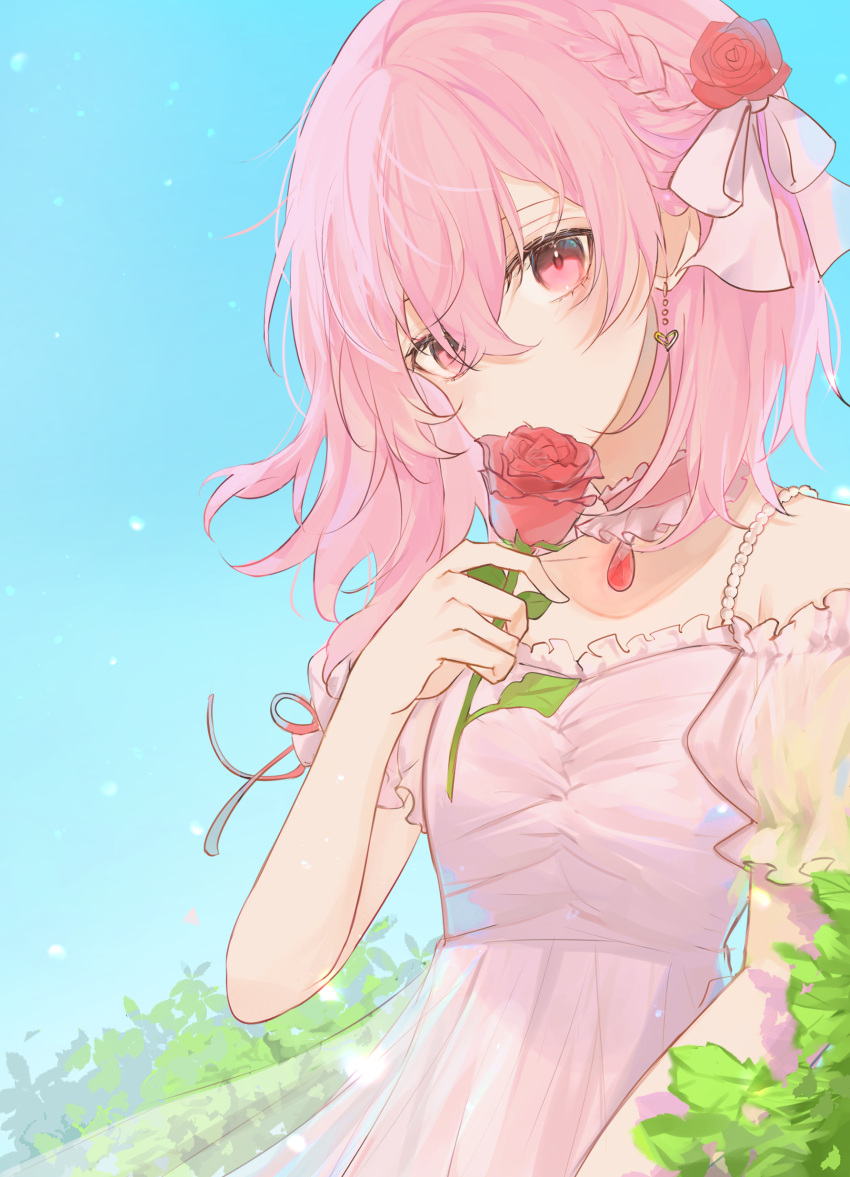 1girl absurdres ameki_rei bare_shoulders blush bow braid choker dress earrings flower french_braid highres jewelry looking_to_the_side medium_hair nijisanji nijisanji_en pink_dress pink_eyes pink_hair red_flower red_rose rose rosemi_lovelock short_sidetail short_sleeves sky solo tree virtual_youtuber white_bow