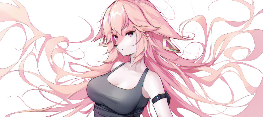 1girl absurdres animal_ears arm_strap bare_shoulders breasts cleavage commentary fox_ears furry genshin_impact grey_tank_top hd-hlh-3h highres large_breasts long_hair looking_at_viewer pink_eyes pink_hair simple_background smile solo tank_top upper_body very_long_hair white_background yae_miko