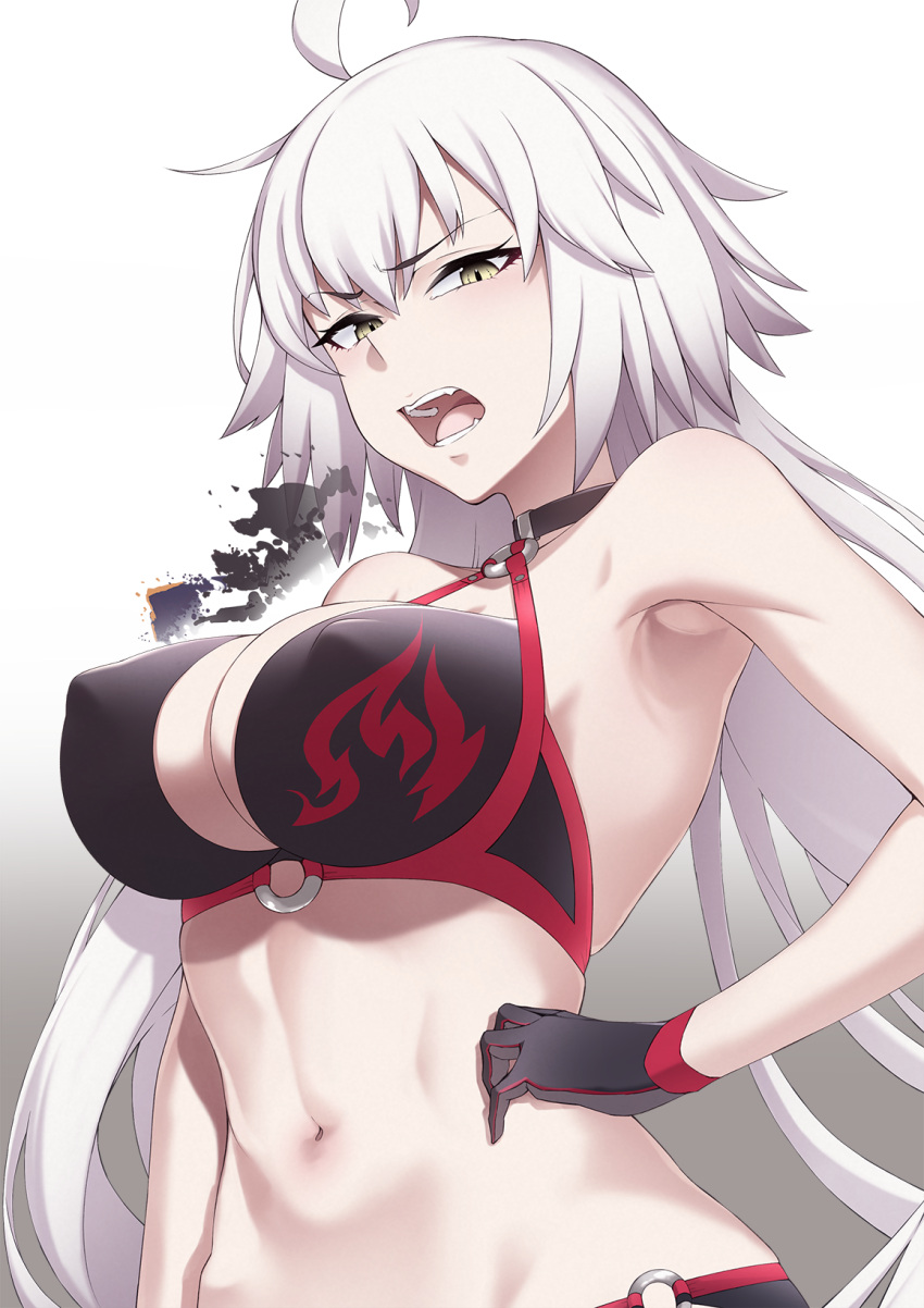 1girl ahoge bangs bare_shoulders bikini black_bikini black_gloves breasts choker cleavage collarbone commentary_request fate/grand_order fate_(series) gloves hair_between_eyes highres jeanne_d'arc_alter_(fate) jeanne_d'arc_alter_(swimsuit_berserker)_(fate) large_breasts long_hair looking_at_viewer midriff mku navel o-ring o-ring_bikini open_mouth solo stomach swimsuit very_long_hair white_background white_hair yellow_eyes