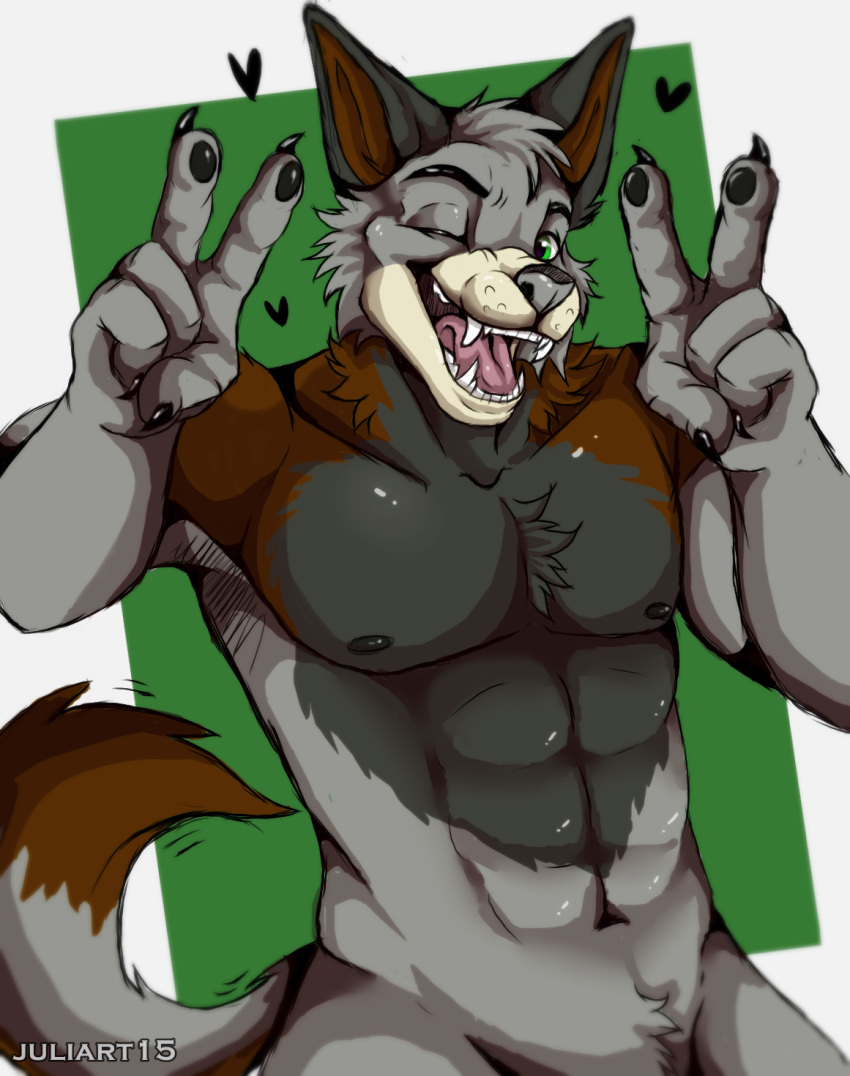 &lt;3 abs anthro arcori black_claws black_pawpads brown_body brown_fur canid canine canis chest_tuft claws crotch_tuft dark_grey_fur digital_media_(artwork) fingers fur gesture green_eyes grey_body grey_fur hearts_around_body hi_res juliart15 looking_at_viewer male mammal muscular muscular_anthro muscular_male neck_tuft nipples one_eye_closed open_mouth pawpads pecs simple_background smile solo solo_focus tongue tuft v_sign wink wolf