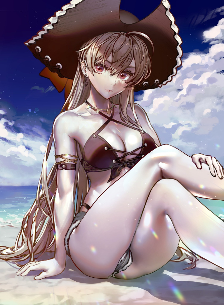 1girl ahoge arm_support armlet aroddst4 ass azur_lane bare_legs bare_shoulders beach bikini black_bikini breasts brown_hair cleavage closed_mouth collarbone criss-cross_halter crossed_legs cutoffs day denim denim_shorts earrings expressionless front-tie_bikini front-tie_top grey_shorts halter_top halterneck hat highleg highleg_bikini highres jean_bart_(azur_lane) jean_bart_(private_apres_midi)_(azur_lane) jewelry knees_up leg_up long_hair looking_at_viewer medium_breasts micro_shorts necklace official_alternate_costume outdoors pirate_hat red_eyes revision short_shorts shorts sitting solo string_bikini swimsuit thighs v-shaped_eyebrows very_long_hair