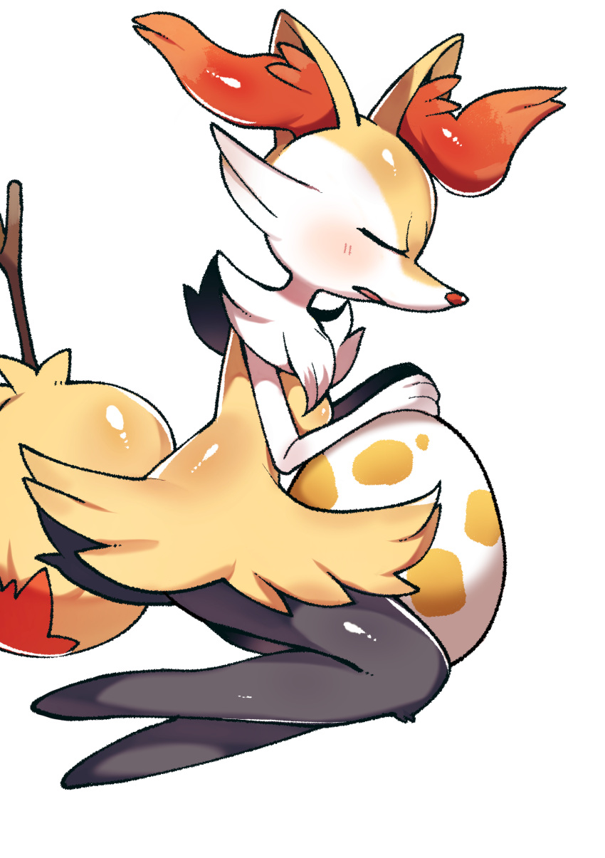 1girl absurdres animal_ear_fluff animal_ears animal_hands animal_nose black_fur blush body_fur braixen breasts closed_eyes commentary egg fox_ears fox_girl fox_tail full_body fur_collar furry furry_female highres multicolored_fur open_mouth pokemon pokemon_(creature) pokemon_egg ppoyu simple_background small_breasts snout solo stick tail white_background white_fur yellow_fur