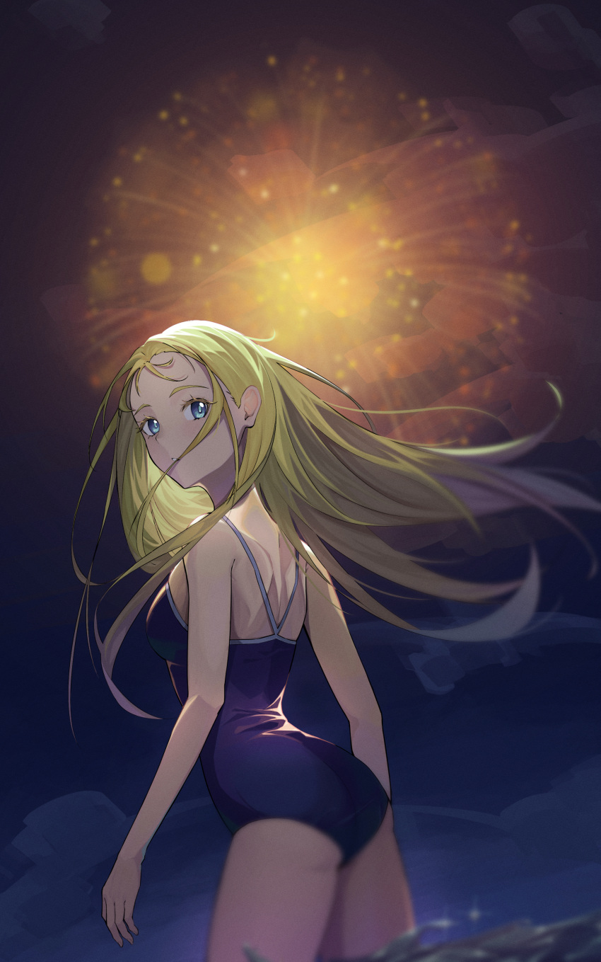 1girl absurdres back blonde_hair blue_eyes fireworks highres kofune_ushio long_hair night night_sky ocean school_swimsuit sky solo summertime_render suzu_(user_kdex8732) swimsuit