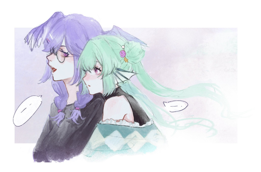 2girls bespectacled black_bodysuit black_sweater blush bodysuit border braid double_bun dragon_girl fading_border finana_ryugu fish_girl flower gaz_orlog glasses green_hair hair_bun hair_flower hair_ornament halterneck head_fins head_wings highres japanese_clothes kimono long_hair looking_at_another looking_back looking_to_the_side medium_hair multiple_girls nijisanji nijisanji_en off_shoulder official_alternate_costume pointy_ears purple_background purple_eyes purple_flower purple_hair purple_wings round_eyewear selen_tatsuki speech_bubble sweater tiara twin_braids virtual_youtuber white_background white_kimono wings yuri