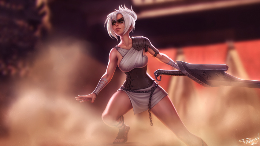 1girl arena armor bandaged_wrist bandages breasts brown_eyes closed_mouth corset eyeshadow fighting_stance folded_ponytail grey_skirt highres holding holding_sword holding_weapon huge_weapon large_breasts league_of_legends makeup miniskirt outdoors pauldrons personal_ami riven_(league_of_legends) sandals shoulder_armor single_pauldron skirt solo standing sword weapon white_hair