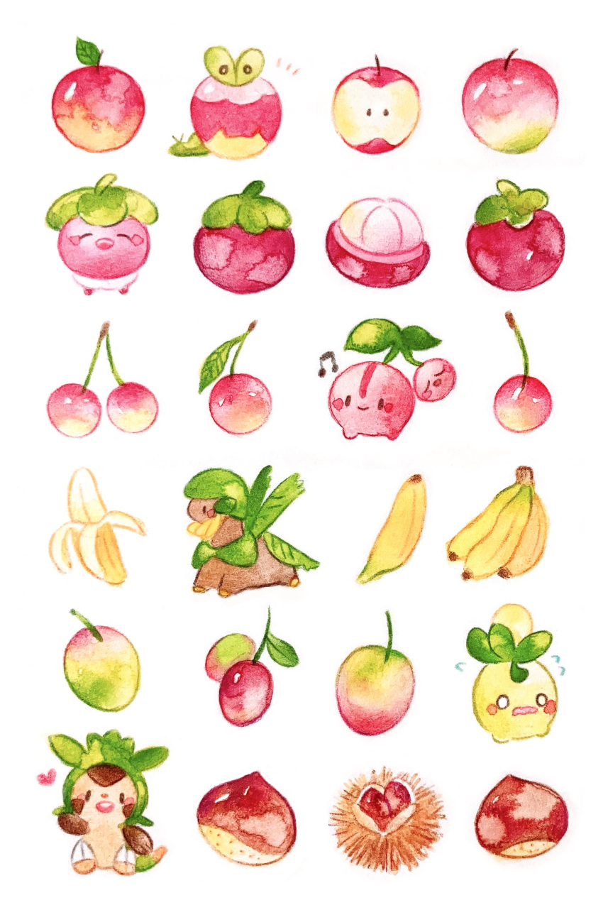 :d ^_^ absurdres apple banana cherry cherubi chespin chestnut closed_eyes colored_pencil_(medium) flying_sweatdrops food food_focus fruit happy heart highres looking_at_viewer mango mangosteen musical_note no_humans o_o painting_(medium) pokemon pokemon_(creature) simple_background smile smoliv traditional_media tropius watercolor_(medium) waving white_background worried yukichi_0611
