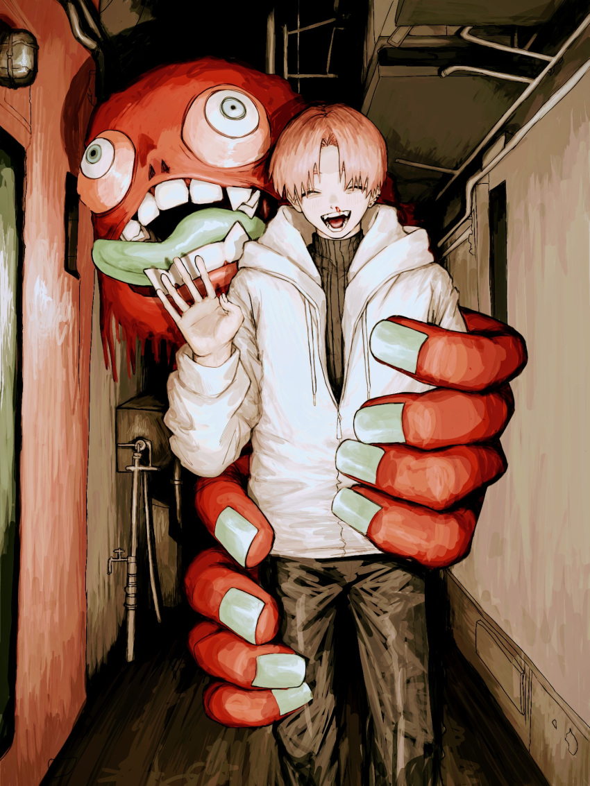 1boy 1other blood bloodshot_eyes closed_eyes fangs fingernails gakudayo ghost giant_hand hallway highres holding_person horror_(theme) industrial_pipe monster nosebleed open_mouth original smile tongue tongue_out wakiobake_(vtuber) waving