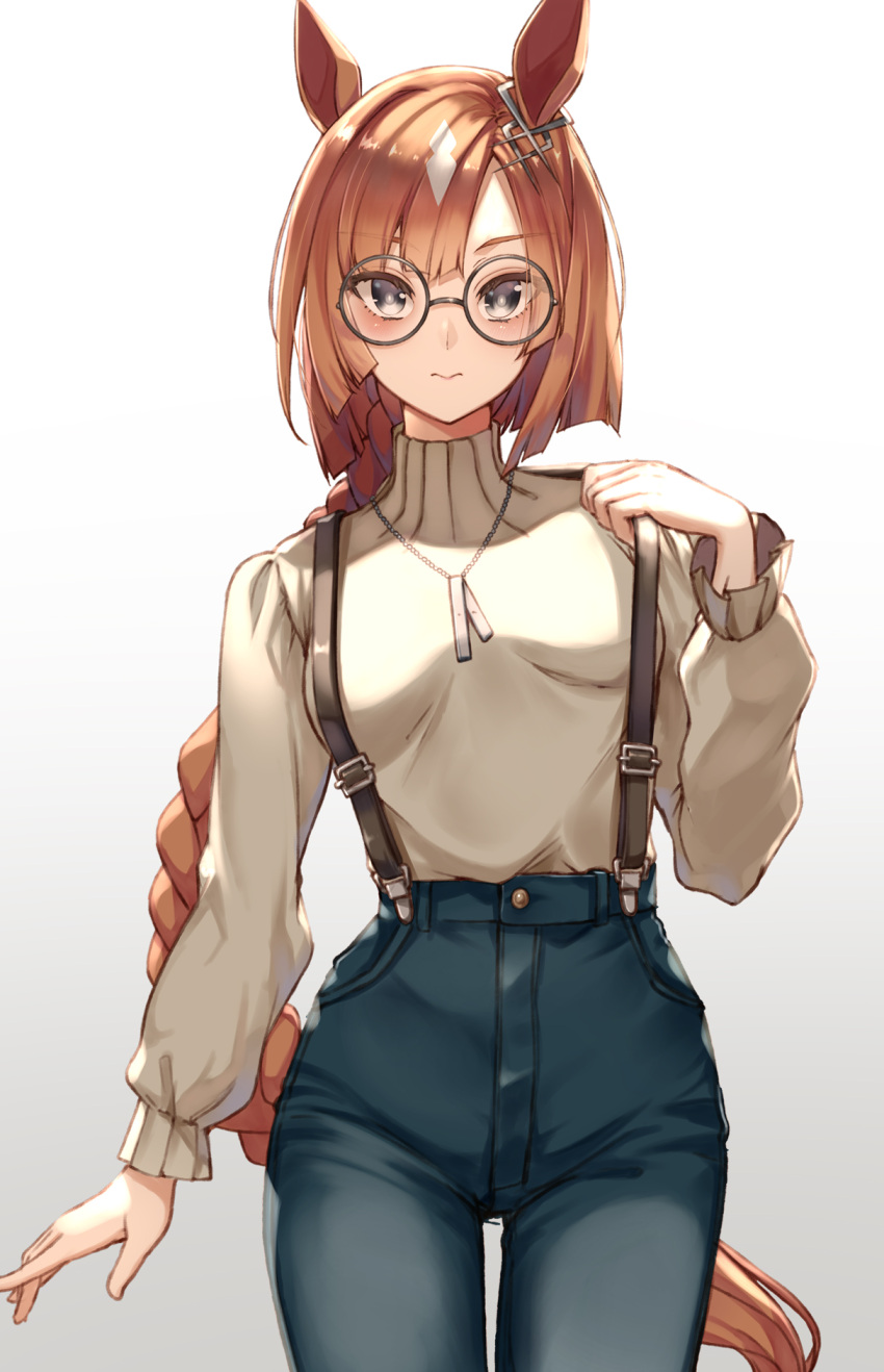 1girl animal_ears braid braided_ponytail breasts brown_eyes cowboy_shot ear_ornament glasses highres horse_ears horse_tail ikuno_dictus_(umamusume) jewelry long_hair looking_at_viewer medium_breasts orange_hair pendant round_eyewear single_braid solo suspenders tail umamusume very_long_hair yu_ni_t