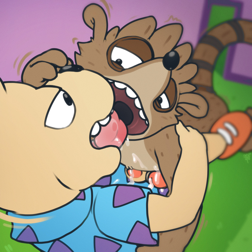 absurd_res anthro argon_vile bodily_fluids cartoon_network duo french_kissing genitals hi_res kissing macropod male male/male mammal marsupial nickelodeon penis procyonid raccoon regular_show rigby_(regular_show) rocko's_modern_life rocko_rama wallaby