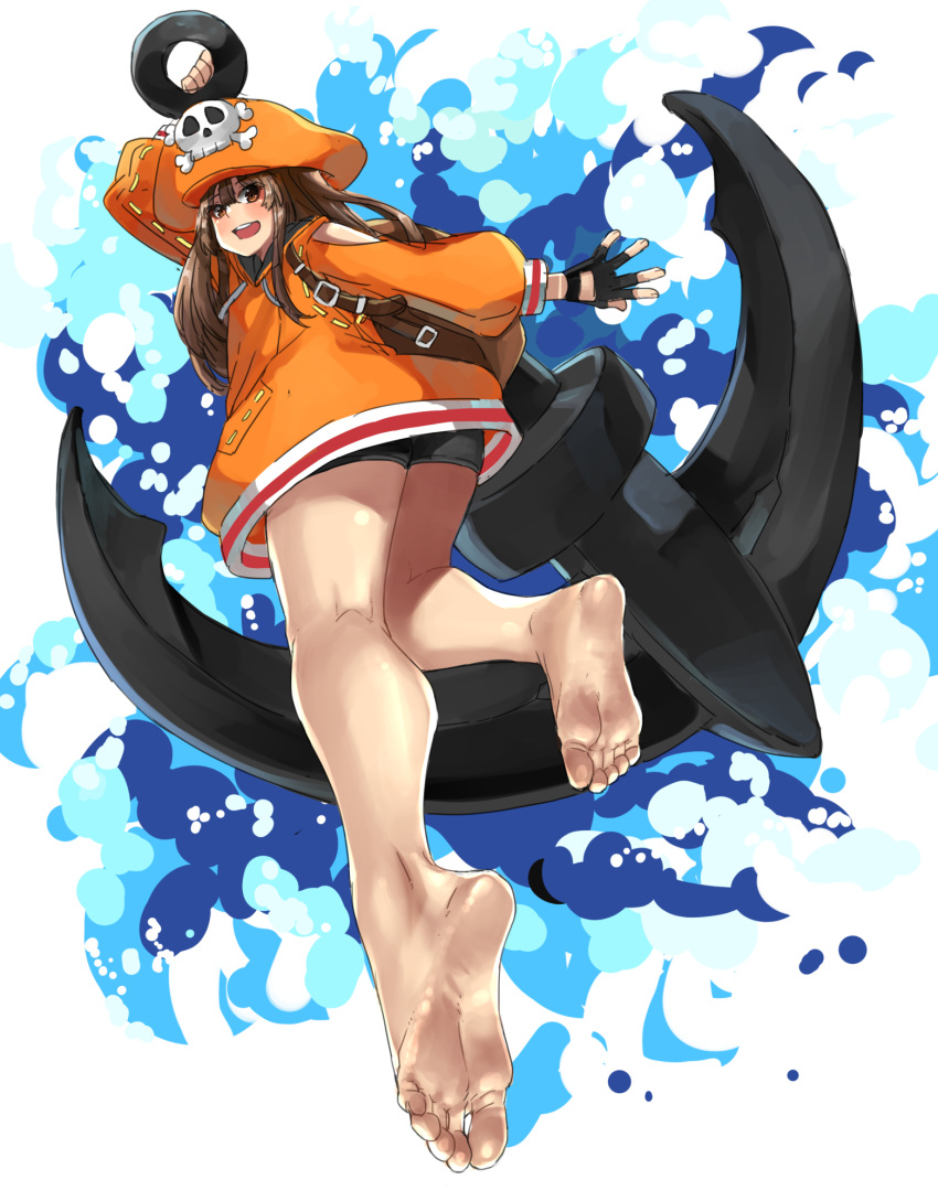 1girl anchor backpack bag bare_legs bike_shorts black_gloves blush brown_eyes brown_hair eiji_(eiji) feet fingerless_gloves foot_focus foreshortening gloves greek_toe guilty_gear guilty_gear_strive hat highres holding holding_weapon long_hair may_(guilty_gear) open_mouth pirate pirate_hat shorts simple_background skull_and_crossbones smile solo toes weapon white_background